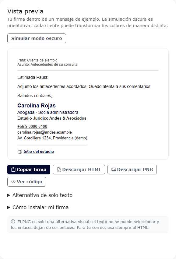 Vista previa de la firma de Carolina Rojas dentro de un mensaje de ejemplo y opciones Copiar firma, Descargar HTML, Descargar PNG y Ver código.