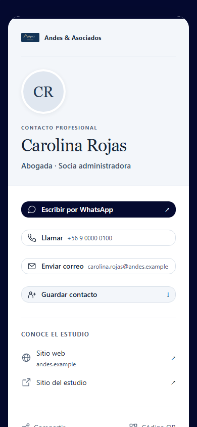 Tarjeta digital pública de Carolina Rojas, de Andes & Asociados, con WhatsApp, teléfono, correo, sitio web y Guardar contacto.